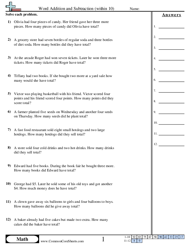 Addition Worksheets - Word Addition Within 10 worksheet